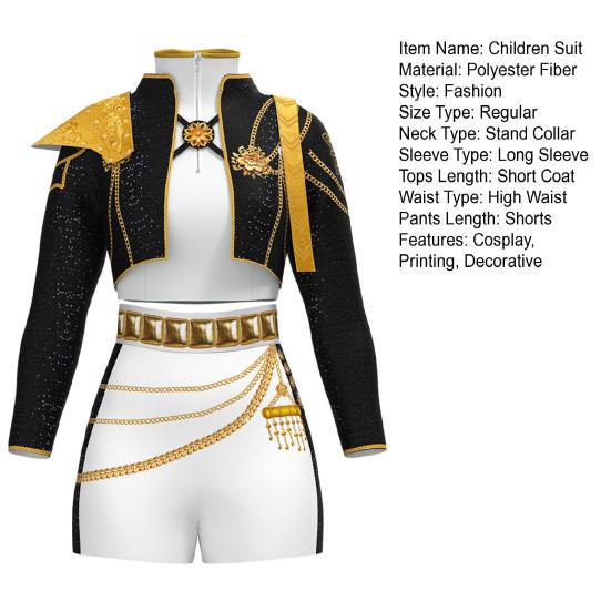 Kids Girls Demon Costume Stand Collar Coat T-shirt Shorts Set Children Printed Design Cosplay Performances Costumes