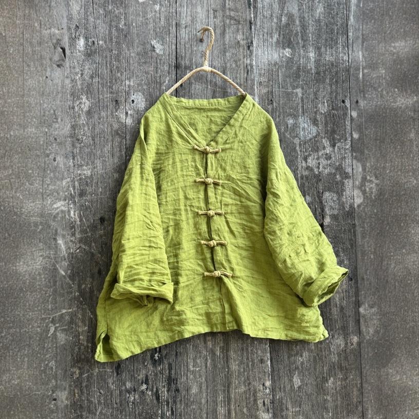 Johnature Женские винтажные рубашки однотонные стойка длинный рукав блузки осень пуговица свободный китайский стиль топ