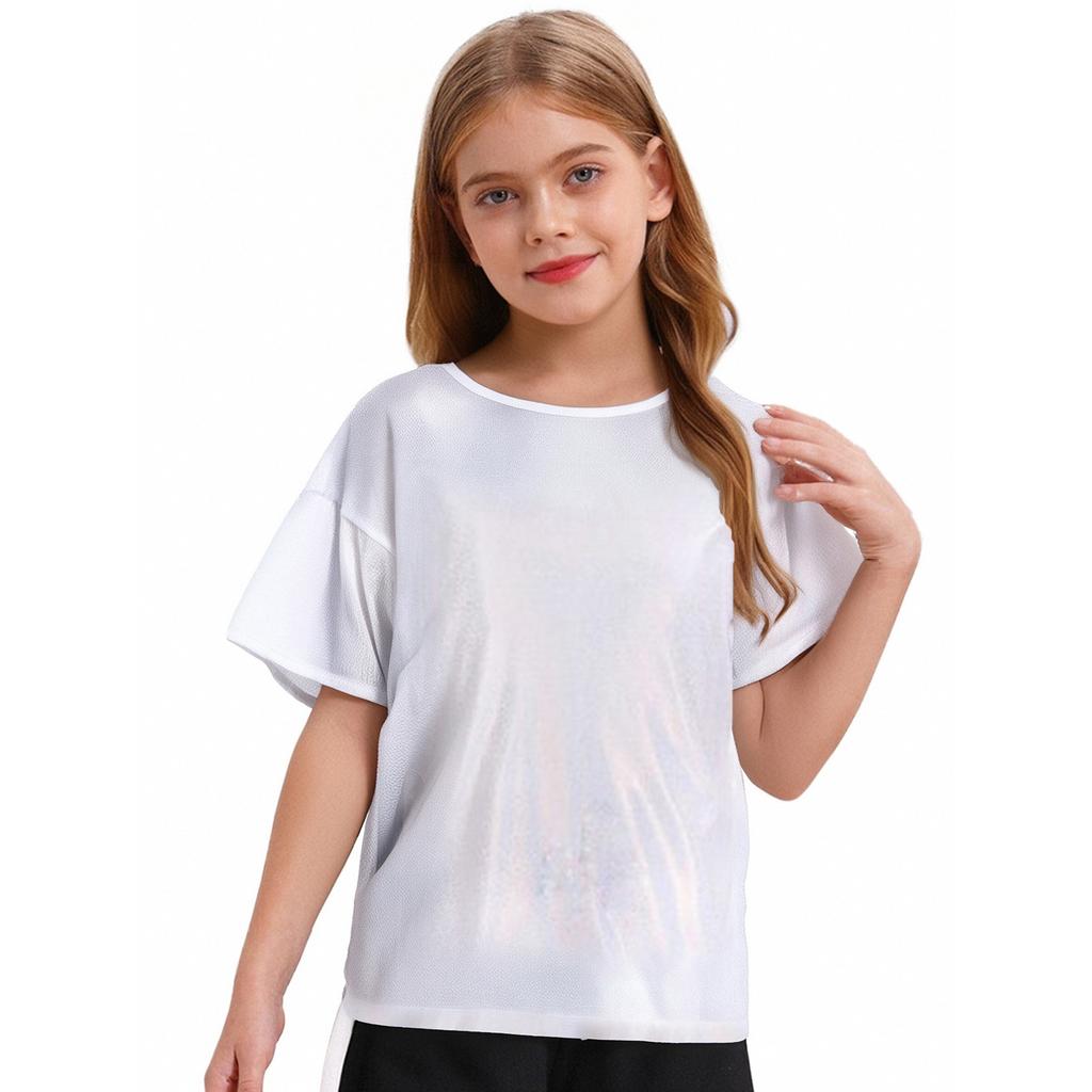 Unisex Kids Metallic Shiny Jazz Dance Top Sparkly T-shirt Performance Wear Boys Girls Dance Class Outfit