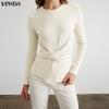 Women Casual Round Neck Long Sleeve Plain Front Cross Rib Blouse