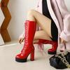 Лаковая кожа Красные ботфорты на шнуровке Женские ботинки на платформе Большой размер Супервысокий каблук Модные Клубные туфли для вечеринок Женская обувь