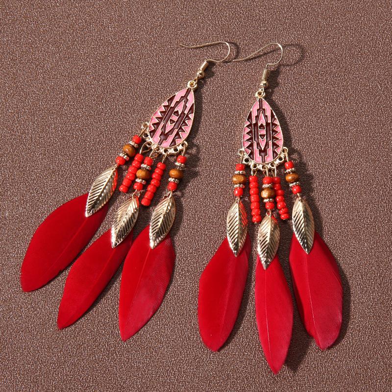 Bohemian Long Feather Dangle Earrings For Women Beach Chain Tassel Drop Earrings Wedding Bride Jewelry Girl Gift