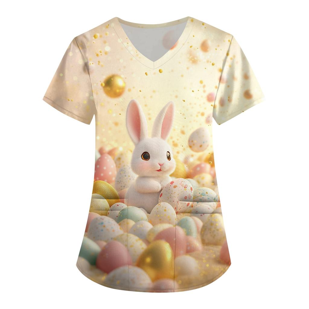 Женская мода V-образный вырез короткий рукав комбинезон с карманами пасхальный принт топы одежда
