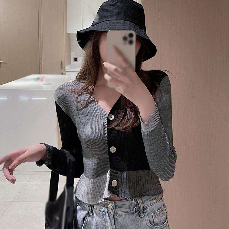 Женский кардиган с V-образным вырезом, контрастной расцветкой, облегающий, с открытым животом, вязаный, с длинными рукавами