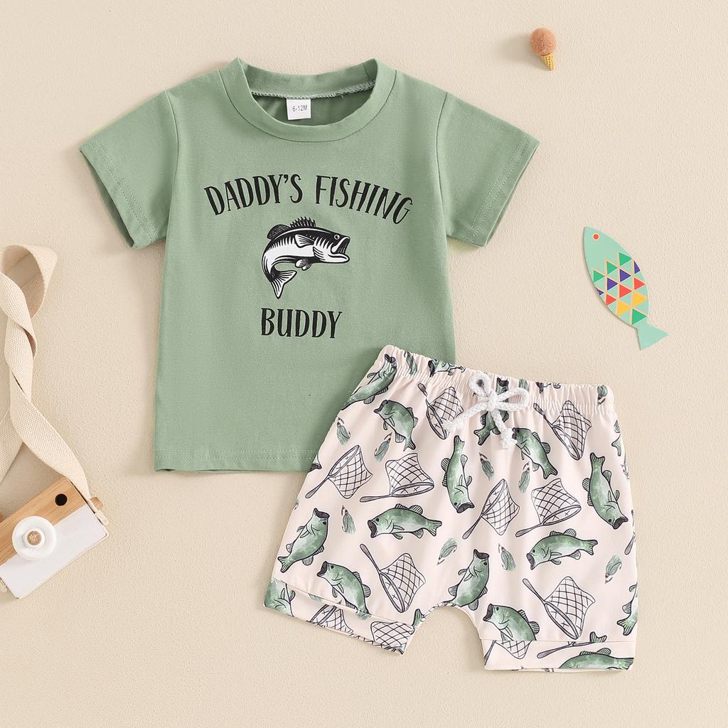 Baby Boys Summer Outfits Letter Print Short Sleeves T-Shirt and Elastic Fish Print Shorts Set for 2 Piece Clothes Set