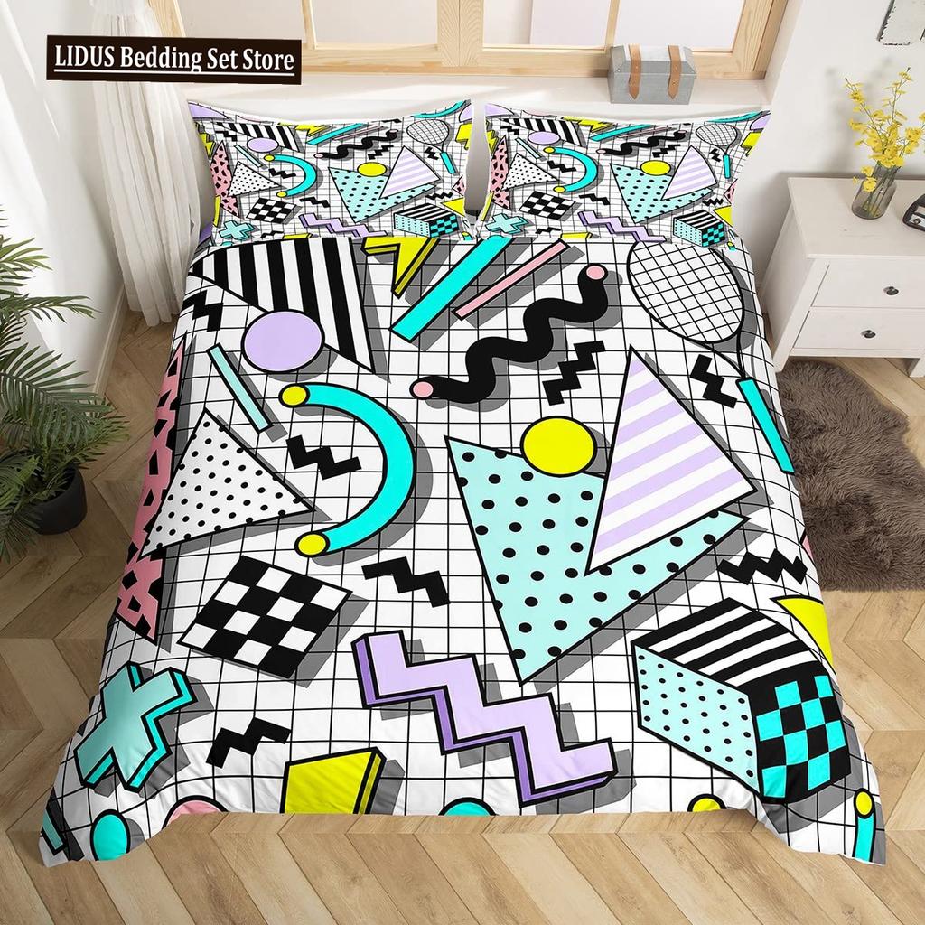 Retro Memphis Style Duvet Cover Set Galaxy Fashion Style Geometric Shapes Bedding Set Full,Hipster Old Fashioned Comforter Cover