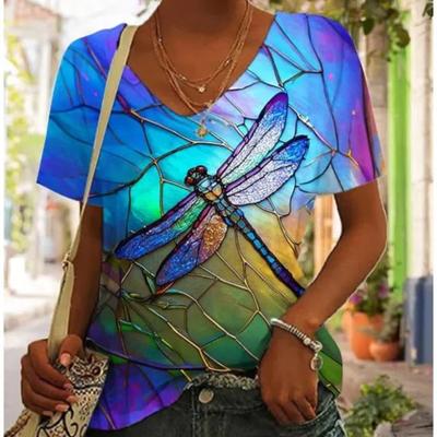 Летняя женская футболка, топы с 3D принтом и цветочным рисунком, повседневные розово-розовые модные повседневные футболки с коротким рукавом и v-образным вырезом для девочек