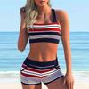 Women's Shoulder Strap Swimsuit, Red Striped Printed Bikini Short Tank Top Swimsuit