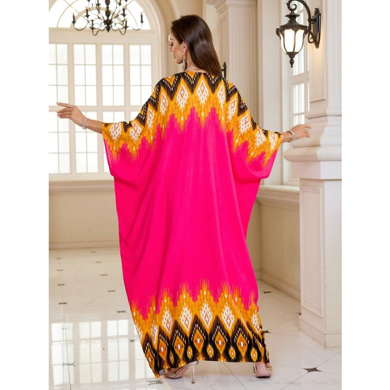 Женская мода весна осень геометрический принт длинный рукав V-образный вырез свободная талия повседневные платья