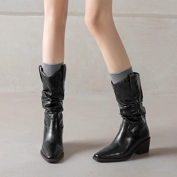 Короткие ботинки из кожи в стиле Майяр женские осенне-зимние ботинки ботинки на наборном каблуке ботинки средней высоты рыцарские ботинки толстый каблук ковбойские ботинки в западном стиле