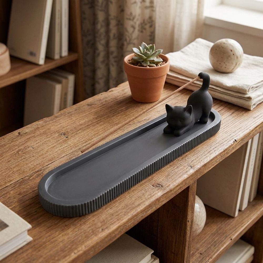 Zen Style Black Cat Incense Stick Holder Mobile Cat Incense Burner with Ash Catcher Yoga Room