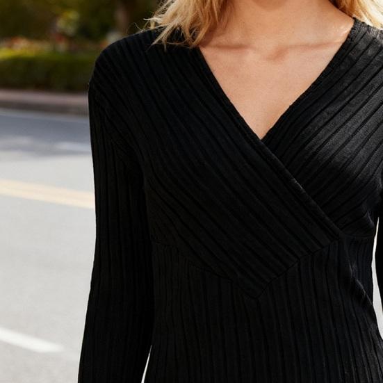 Женские топы с V-образным вырезом, с длинным рукавом, облегающие вязаные топы, однотонная облегающая блузка на осень-зиму, универсальная повседневная одежда