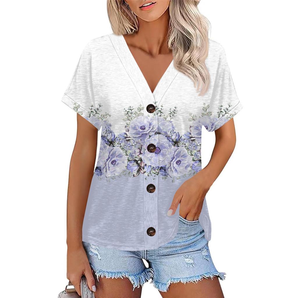 Женская модная повседневная футболка с короткими рукавами и V-образным вырезом, цветочным принтом и застежкой на пуговицы