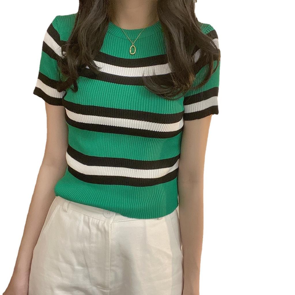 Модная полосатая футболка с короткими рукавами, женская весенне-летняя кофта с круглым вырезом, тонкая трикотажная рубашка с цветными блоками, топы, повседневные облегающие кофты, футболки