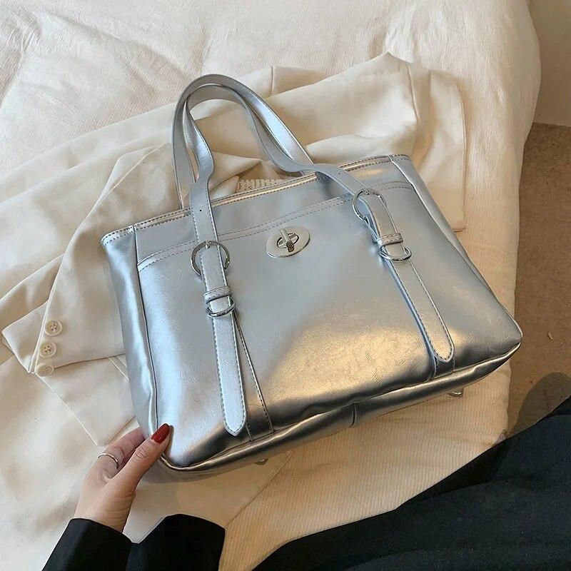 Большие серебряные сумки-тоут для женщин, тренд 2023, женские однотонные винтажные сумки через плечо, женские сумки с короткой ручкой