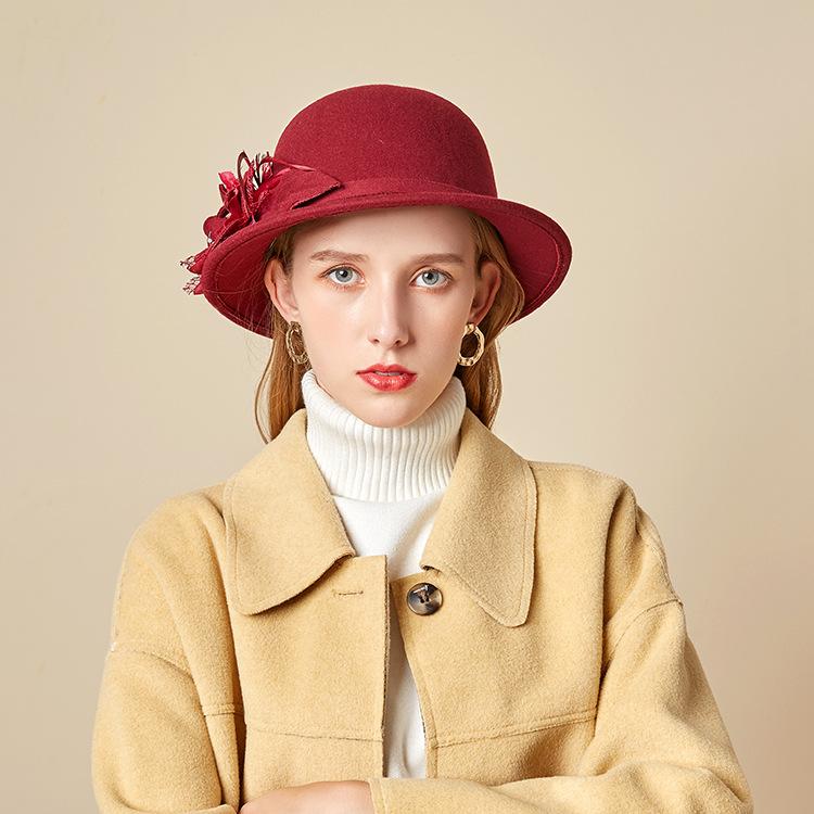 Bucket Hat Female British Retro Feather Flower Woolen Top Hat Elegant Felt Hat Pot Hat