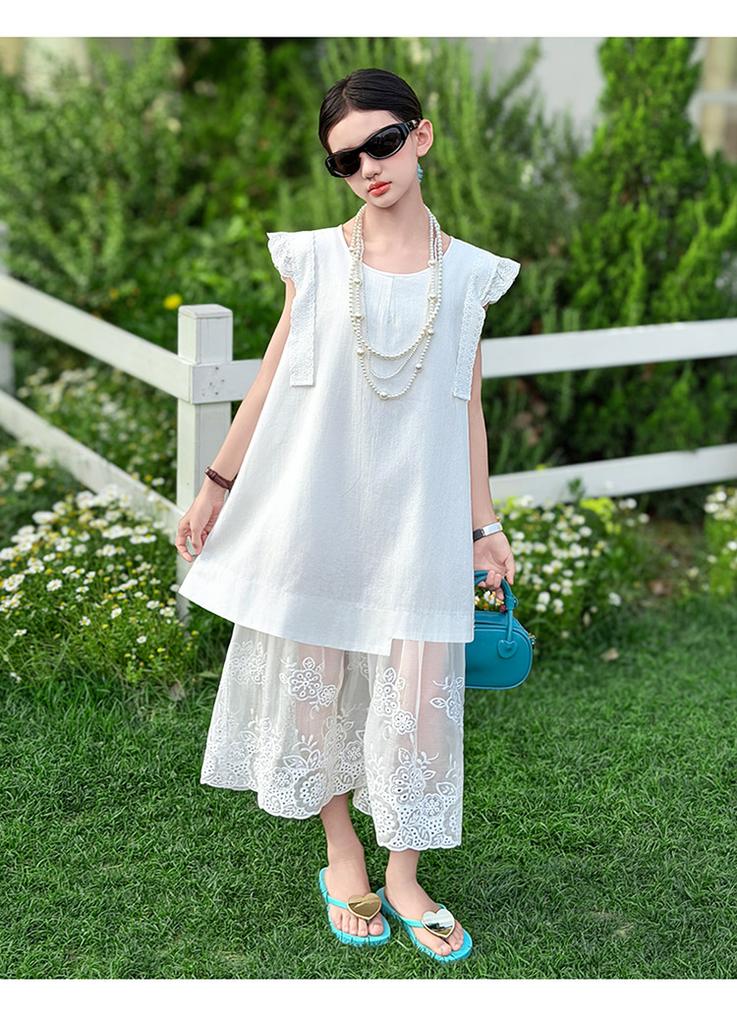 Girls' Summer Korean Style Flying Sleeve Lace Patchwork Dress