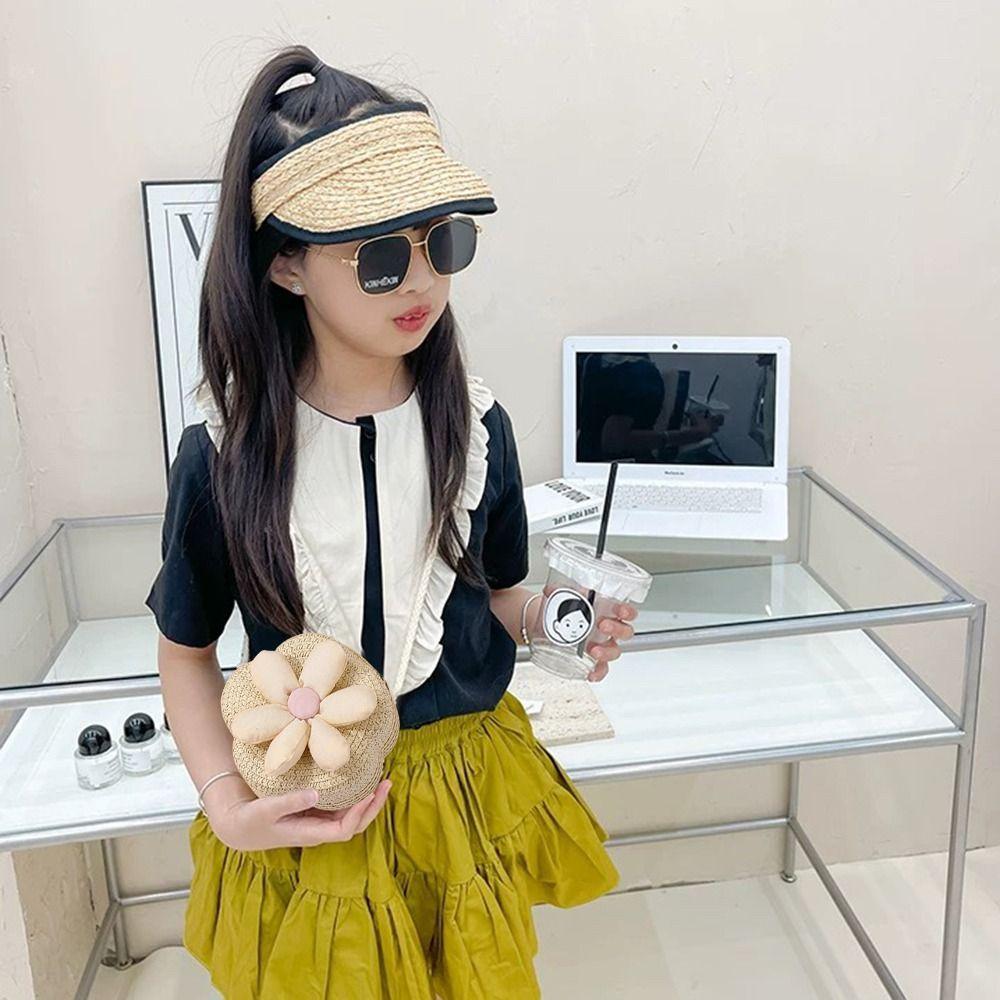 Cute Handmade Kids Straw Bag Flower Shape Woven Crossbody Bag Summer Beach Bag for Children Girls