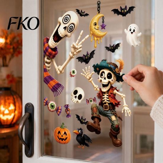 Indoor Outdoor Halloween Stickers 2 Sheets Window Clings, Cartoon Skeleton Static Stickers, Funny Classic Pattern Ghosts Bats Pumpkins for Glass Doors