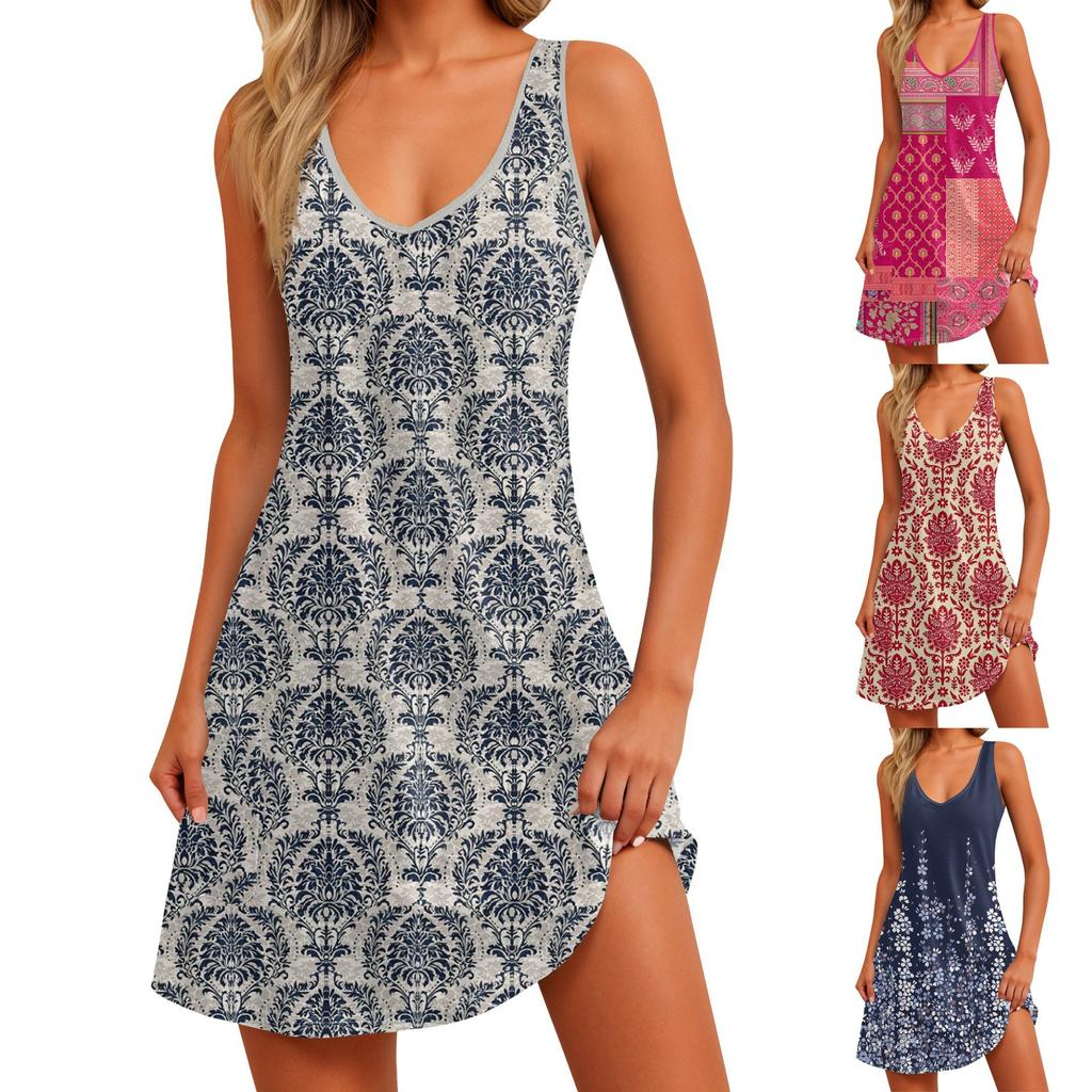 Women's Casual Sundress With Pockets Summer Boho Beach Dress Floral Blouses For Women T-Shirts Dress V Neck Loose Tank Dresses