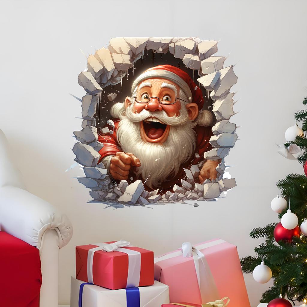40cm 3D Breaking Wall Christmas Decals Santa Claus Snowman PVC Self Adhesive Stickers for Living Room Bedroom Holiday Decor