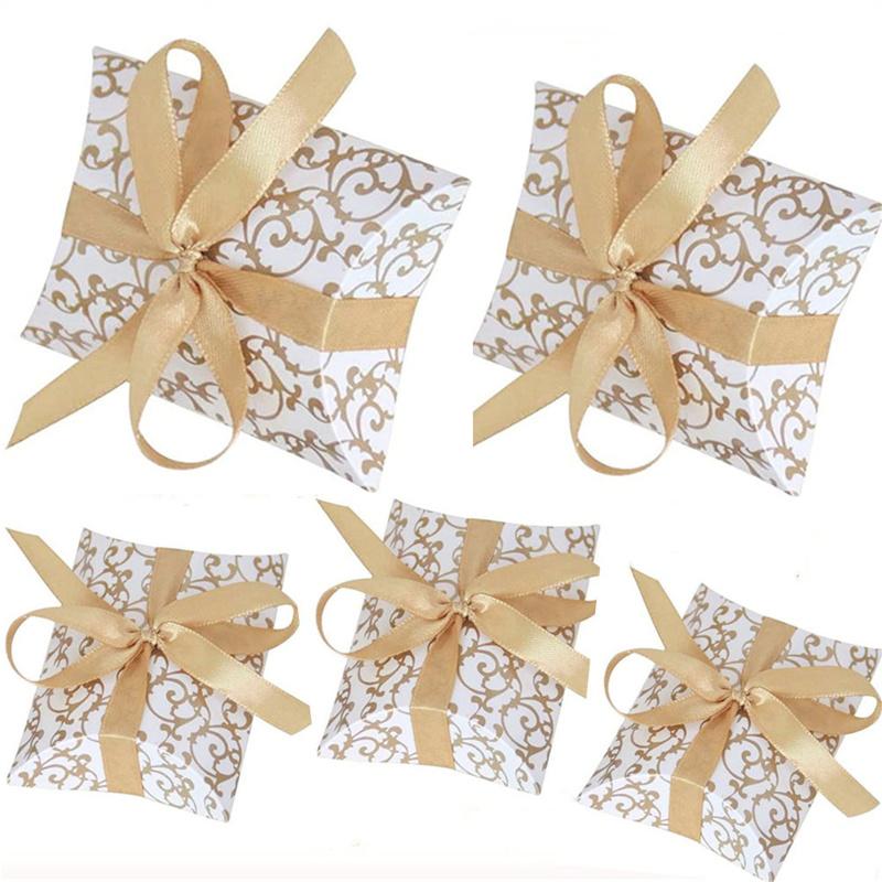 50 шт., коробка конфет в форме подушки с лентой, достаточно места для свадебных сувениров, ювелирных закусок