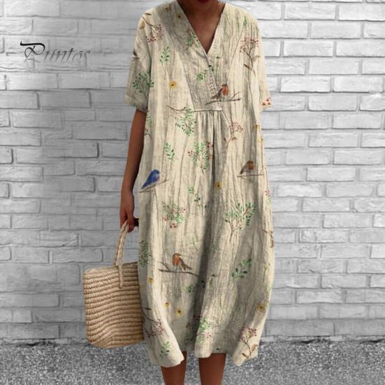 Женское платье с цветочным принтом, платье с коротким рукавом и v-образным вырезом, летнее повседневное платье трапециевидной формы, пуловеры в богемном стиле, платье для вечеринки, повседневная одежда, отпуск