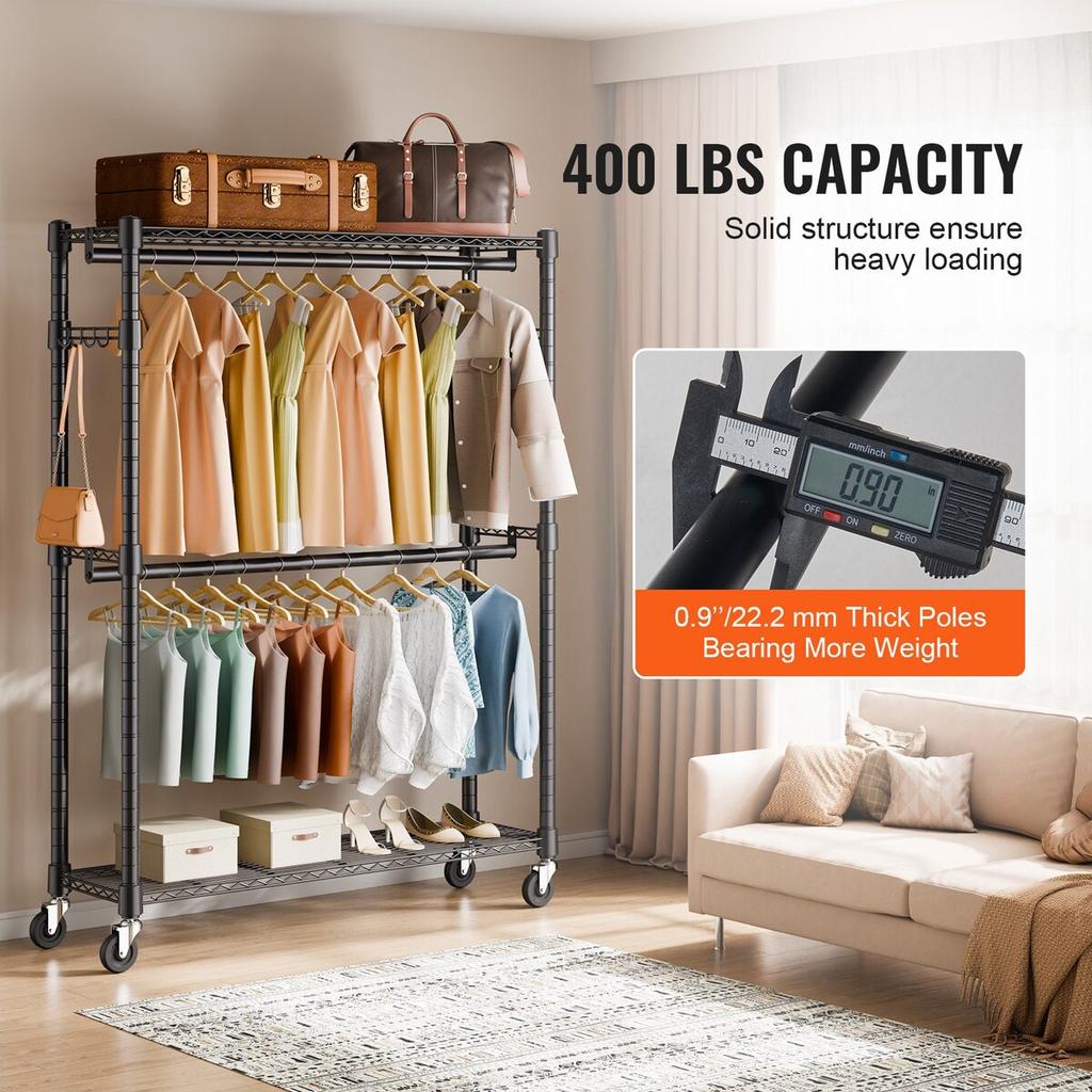 Heavy Duty Clothes Rack, Rolling Clothing Garment Rack with 3 Storage Tiers, 2 Rods and 2 Pairs Side Hooks, Adjustable Height Clothing Rack Closet for