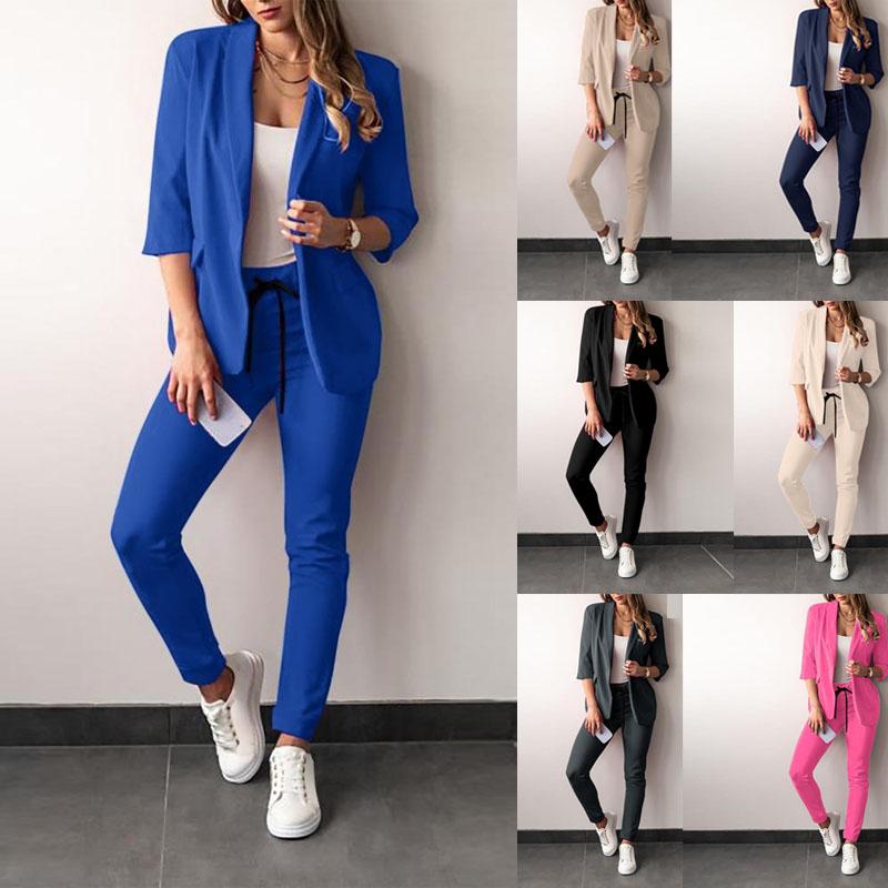 2 шт. Женский однотонный комплект с длинным рукавом: блейзер и брюки, формальный костюм