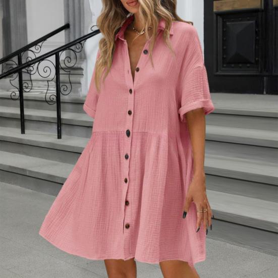 Женское платье-рубашка с коротким рукавом, лацканами, V-образным вырезом, на пуговицах, расклешенное