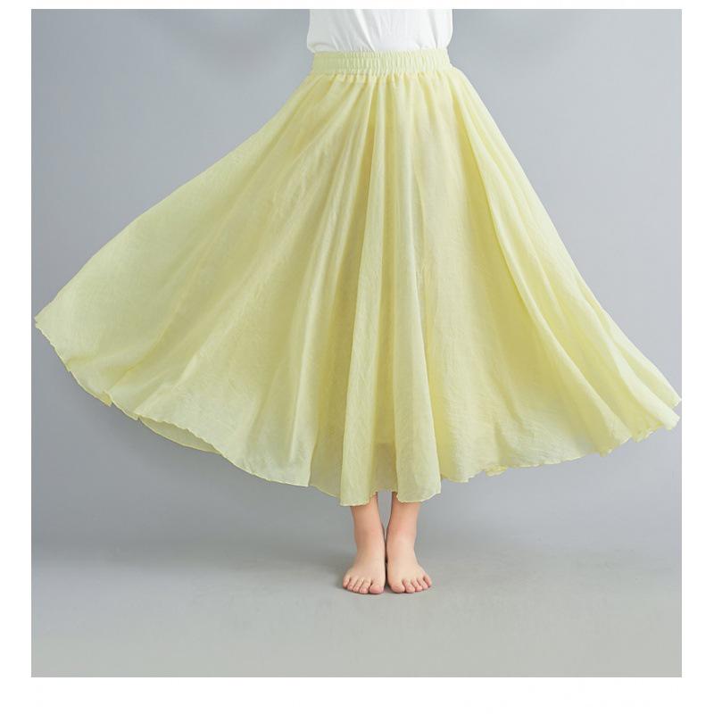 Mori Girl Plus Size Cotton Linen Midi Skirt - Elastic Waist, A-line, Solid Color, Ethnic Style, Long Length