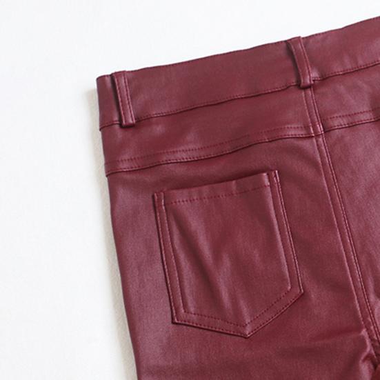 Artificial Leather Leggings High Waist Button Closure Matte Elastic Pencil Pants with Pockets Solid