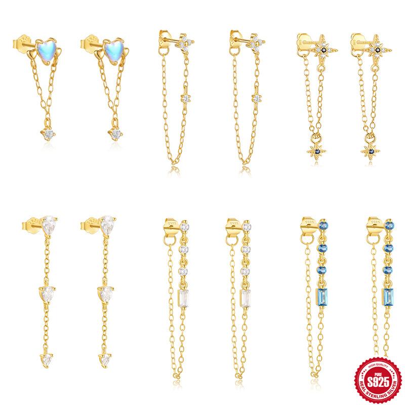 Мода S925 Стерлинговое Серебро Любовь Набор с Бриллиантами Женщины Цветок Бриллиантовая Цепочка Серьги с Бахромой Пусеты Женщины