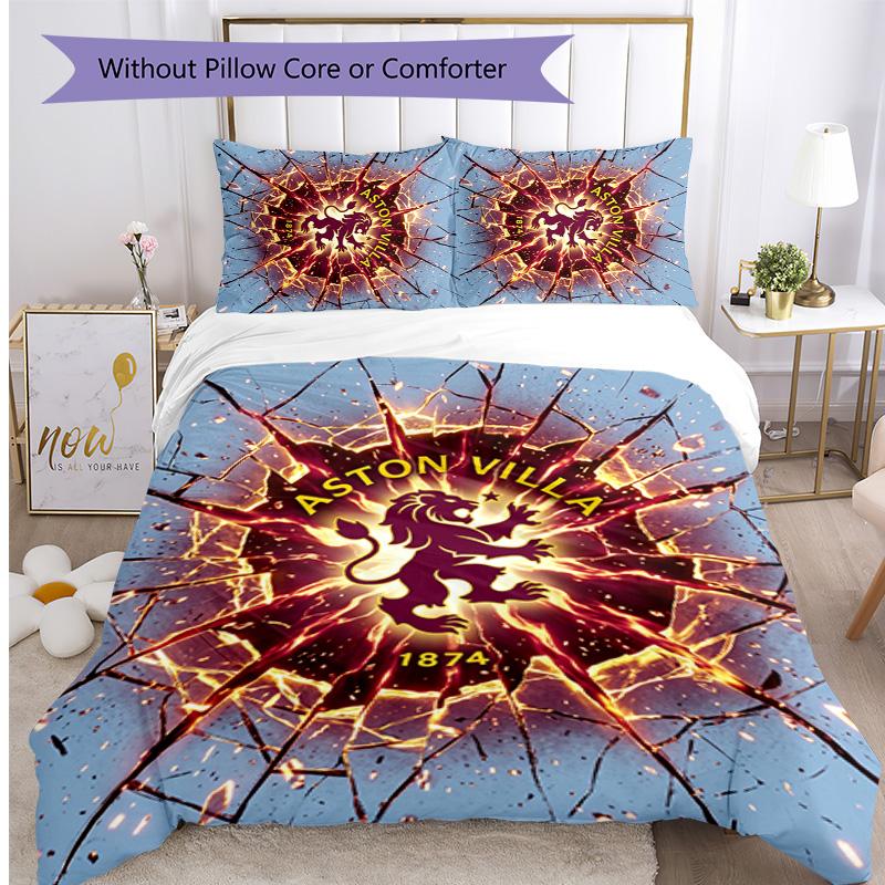 Aston Villa Football Printed 3 Pieces Bedding Set, Comfortable Skin Friendly Bedroom Duvet Cover Set