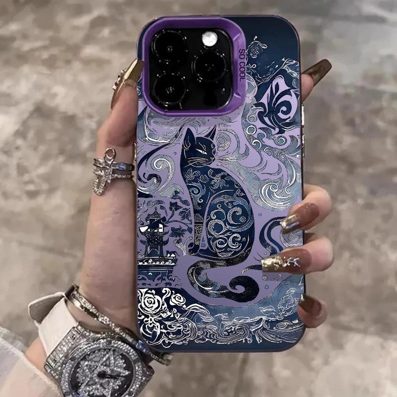 Ретро Чехол для телефона IPhone 16 Pro с кошкой, 15 Лазерный Чехол, 14 Apple 12 Ударопрочный, 11Xs Max Жесткий Высококачественный Чехол для телефона