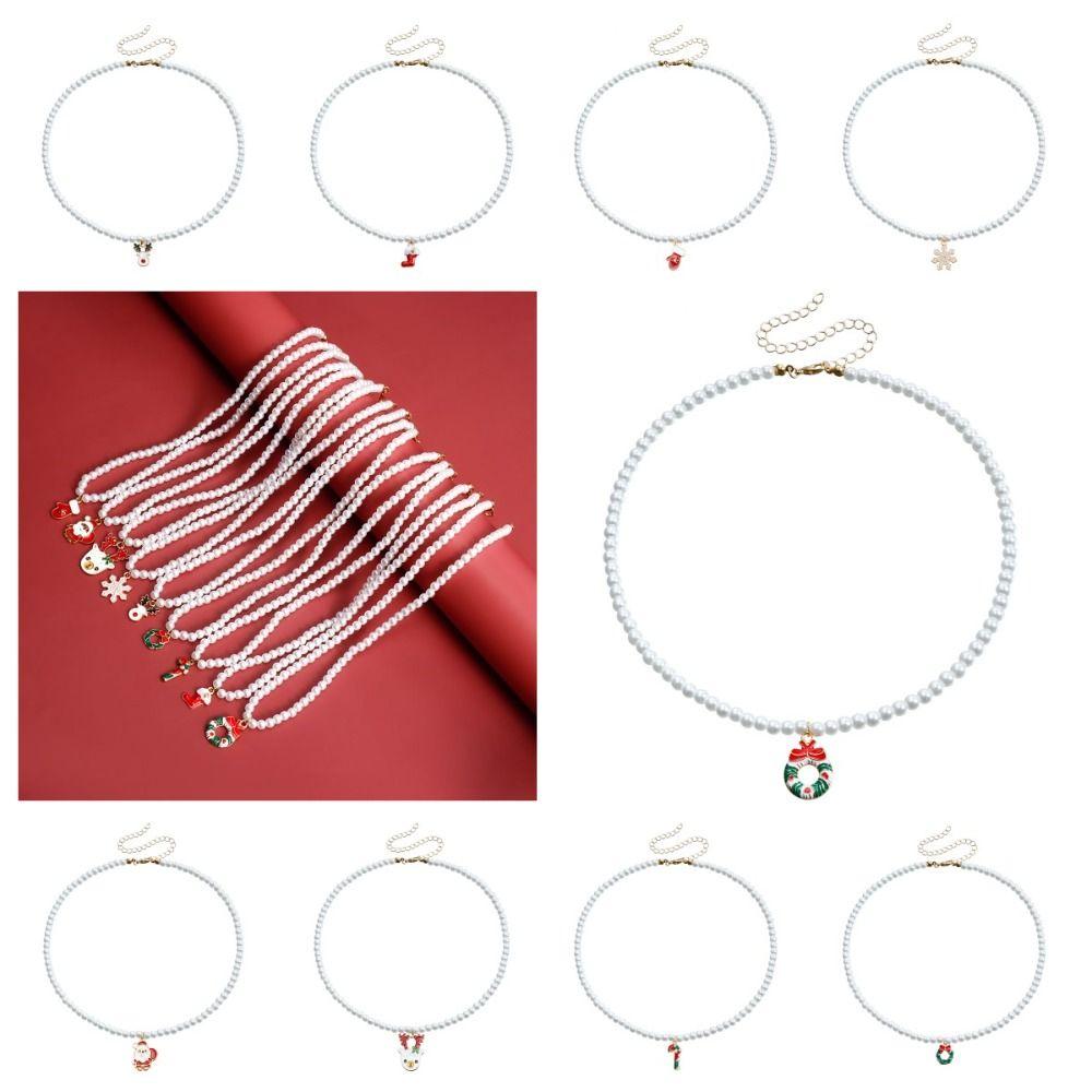 Cartoon Christmas Necklace Clavicle Chain Cartoon Pendant Choker Vintage Pearl Chain Girl