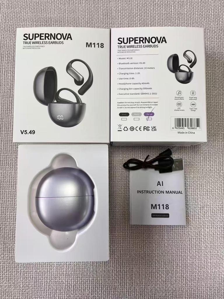 Умные Bluetooth-наушники M118 с ИИ-переводом, высококачественным звуком, долгим временем работы от аккумулятора, индикатором заряда и дизайном с ушным крючком