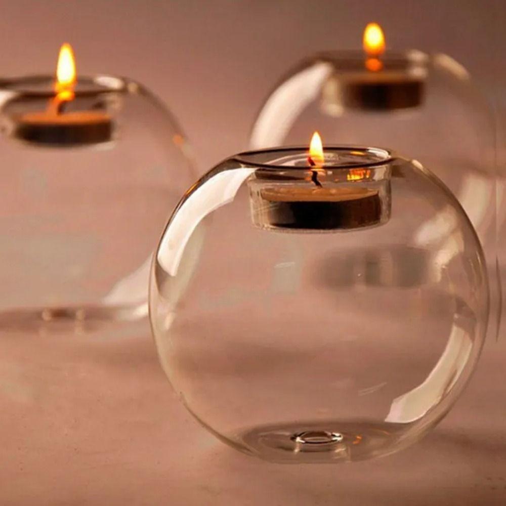 Glass Round Hollow Candle Holder Transparent Glass  Candle Holder  Wedding
