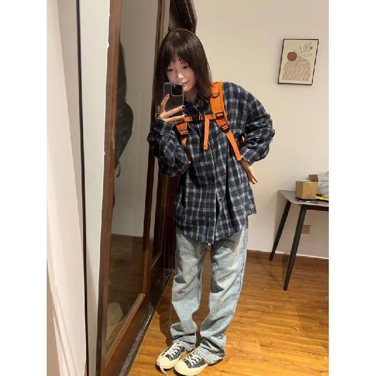 American Style Versatile Hong Kong Style Loose Long Sleeve Shirt Coat Plaid Shirt Women's Spring and Summer Retro Thin Sun-Protection Shirt Top