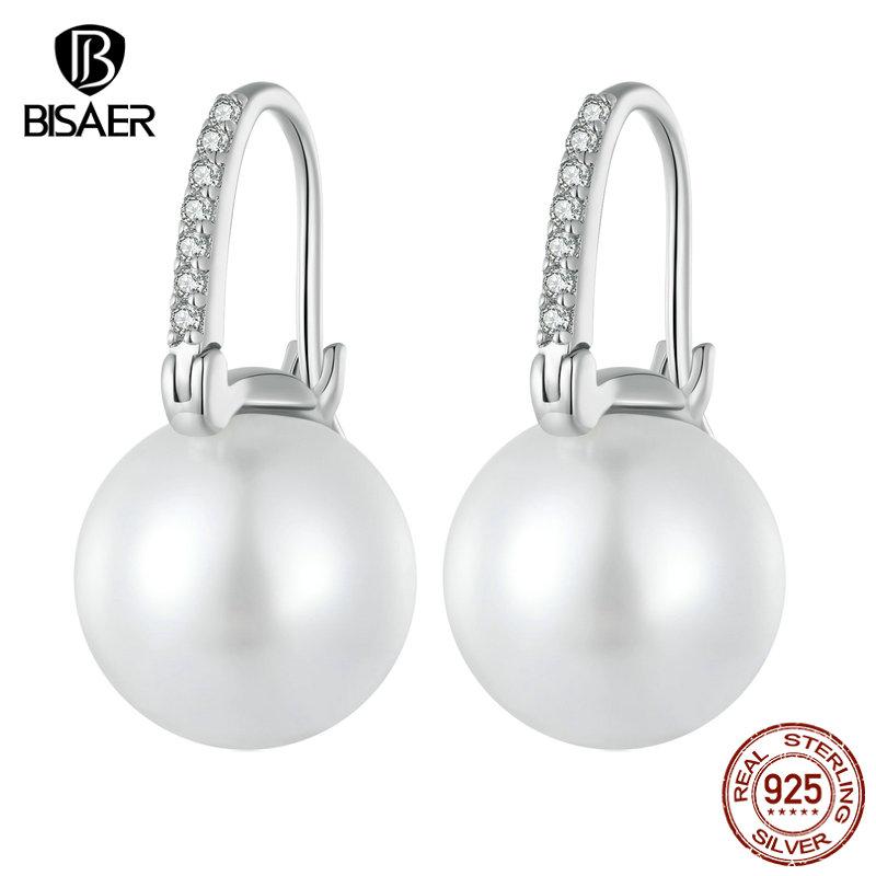 Bisaer Настоящее серебро 925 пробы, европейский простой U-образный стиль, большие жемчужные серьги-кольца с ракушками, женские серьги-капли