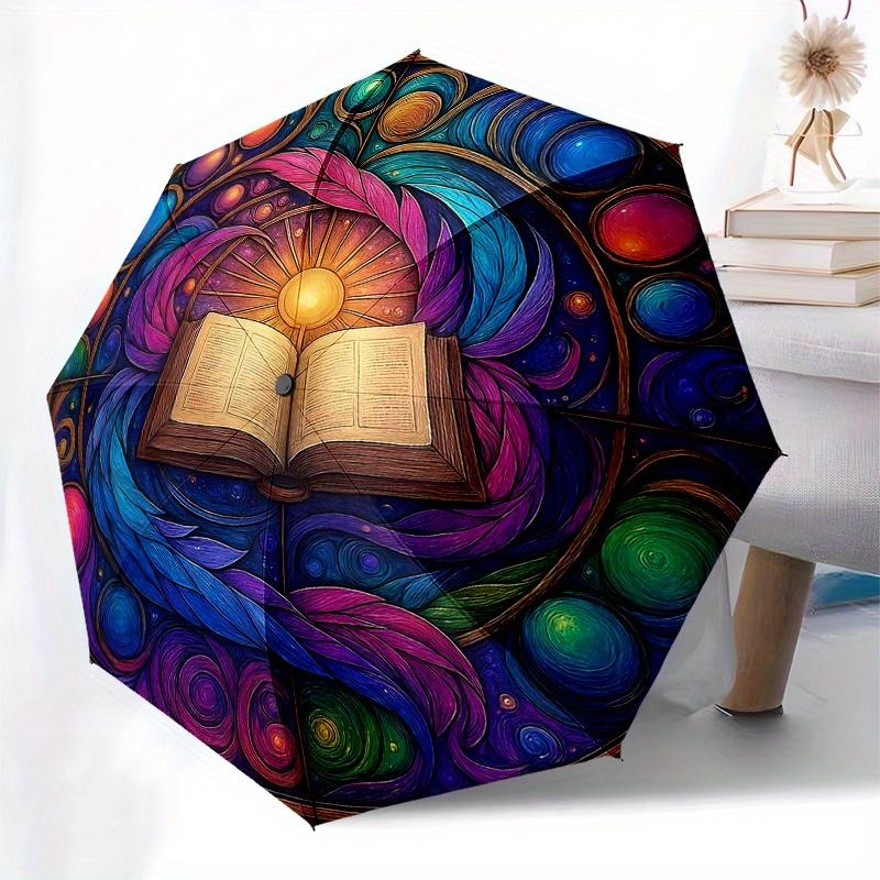 Colorful Mandala Art: Open Book with Feathers and SwirlsUmbrella, Portable 3-Fold Compact Umbrella for Men & Women Gift
