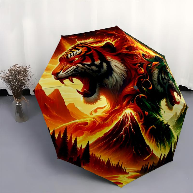 1pc Flaming and Verdant Tiger Pattern Automatic Umbrella is Fashionable and Good-Looking, Suitable for Travel and Daily UseW044