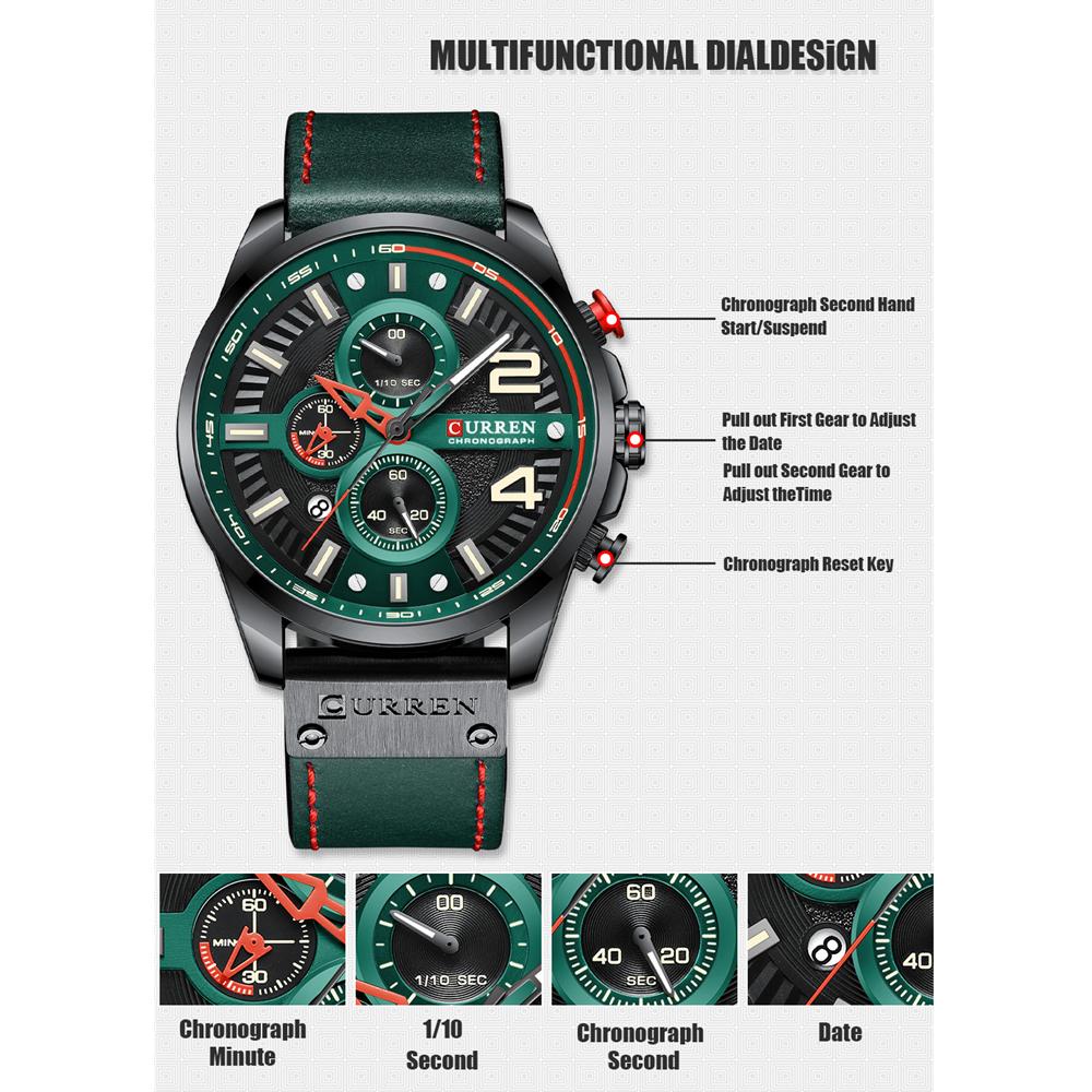 CURREN Мужские кожаные наручные часы с хронографом, модные зеленые мужские часы с дизайнерским циферблатом