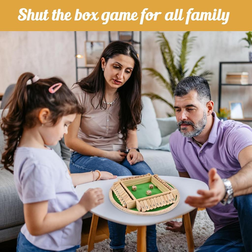 Shut The Box Game (2-4 Players), Wooden Shut The Box Dice Game, Wooden Board Game for Adults Kids, for Family Classroom Home or Bar