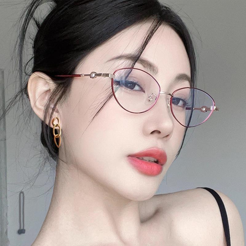 Korean Style Glasses for Women Cat Eye Shape Pearl Decoration Glasses Frames Y2K Stylish Decorative Glass