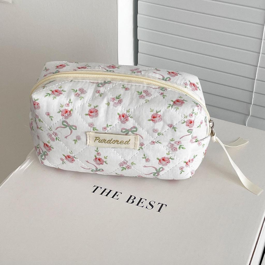 Rose Bow Floral Makeup Bag - Portable, Fresh Design, Perfect for Travel and Storage