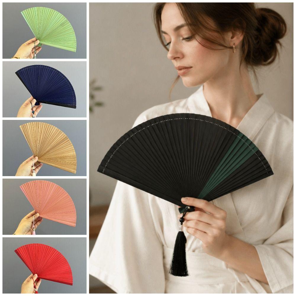 Chinese Style Tassel Folding Fan Solid Color Kimono Fan Elegant Handheld Fans Wedding Party Decor