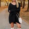 Women's Fashion Casual V-neck Long Sleeve Rib Knitted Sweater Dress