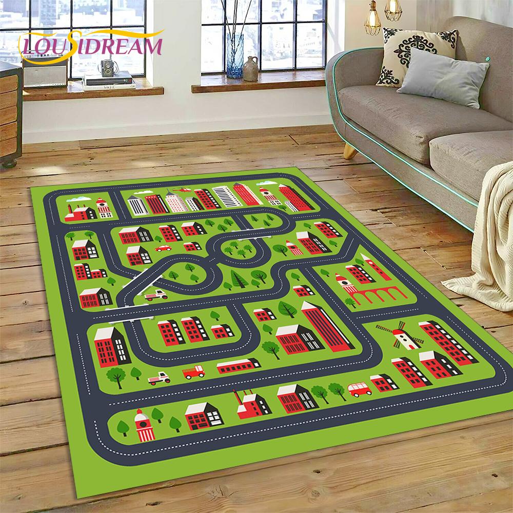 3D City Traffic Road Map Child PlayMat Highway Playroom Area Rug,Carpet Rug for Living Room Bedroom Sofa Doormat, Non-slip Gift