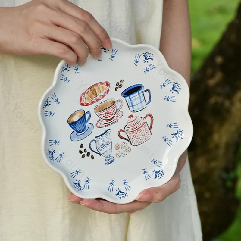 Милая керамическая тарелка во французском стиле для элитной кофейни, послеобеденного чая, изысканная десертная тарелка, домашняя вкусная паста, обеденные тарелки